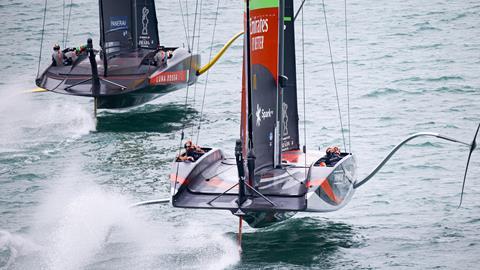 LEAD America's Cup - Te Rehutai and Luna Rossa with cameras visible on the stern and mast