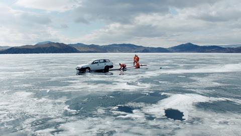 Aquarela 6 Still from Aquarela, shot at 96 frames per second The still is from the scene on Lake Baikal in Siberia, where a crew of workers are trying to get a sunken car out of the water.