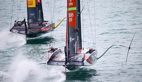 LEAD America's Cup - Te Rehutai and Luna Rossa with cameras visible on the stern and mast