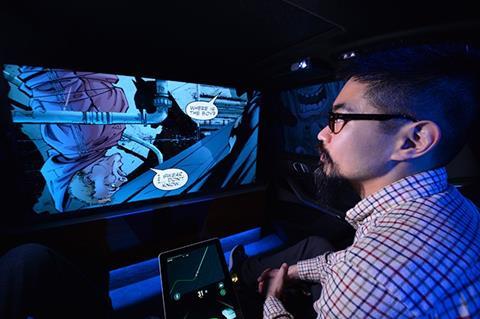 Equipped with a large screen TV, projectors, sensory and haptic feedback, and immersive audio and lights, the BMW X5 concept car outfitted by Intel and Warner Bros. brings passengers on a virtual ride of Gotham City moderated by the character Alfred Pennyworth, Batman’s trusted butler. The vehicle is on display at CES 2019 from Jan. 8-11 in Las Vegas.