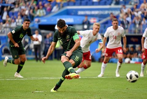 Mile Jedinak converts a penalty for Australia vs Denmark 