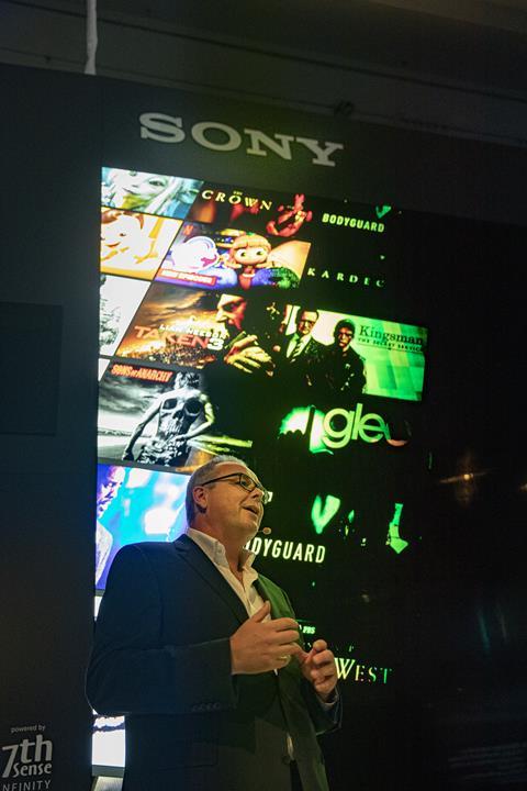 Adam Fry, vice president of Sony Professional Solutions Europe, introduces the Sony press conference at IBC2019