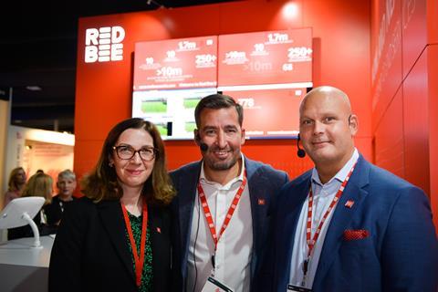(L-R): Red Bee Media’s Margaret Davies, David Travis and Steve Nylund after the live TV event at IBC
