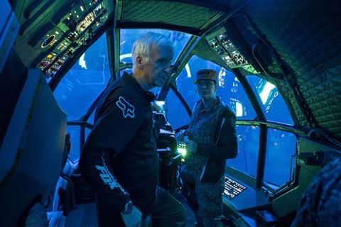 Director James Cameron and Edie Falco on set of 20th Century Studios' AVATAR 2. Photo by Mark Fellman. © 2021 20th Century Studios. All Rights R