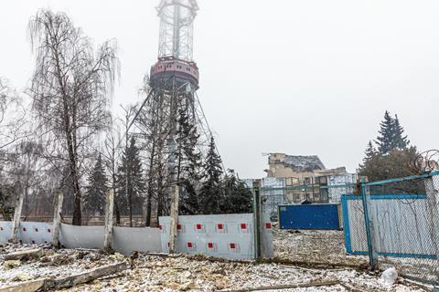 shutterstock. 2131634KYIV, UKRAINE -War of Russia against Ukraine. Kyiv main TV tower and around after bombing and missile attack
